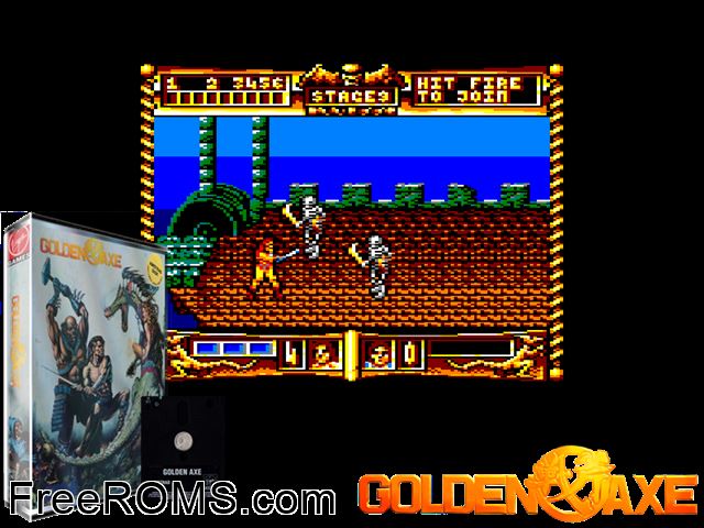 Golden Axe (UK) (1988) (Disk 1 of 2) [t2] Amstrad CPC game showing 3D box cover and gameplay screenshot